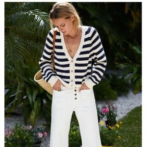 Emerson Fry Low V Neck Cardigan | Navy French Stripe